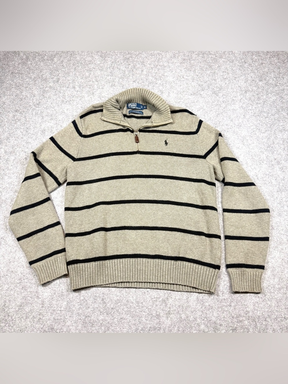 Polo Ralph Lauren Striped Quarter Zip Cotton Sweater Men’s Grey Navy Medium